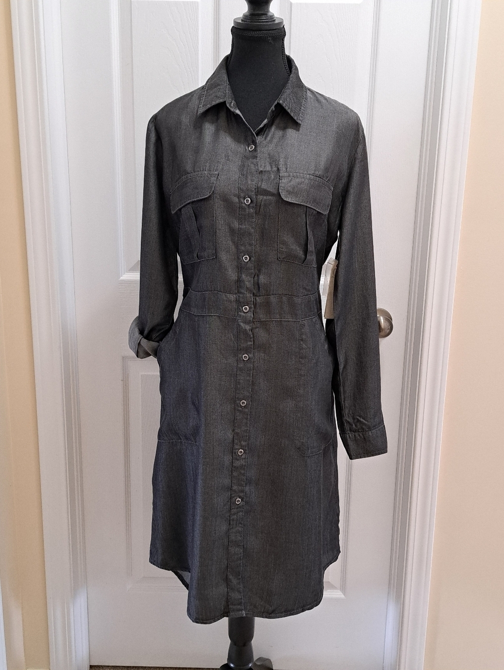 Standard Grace Classic Button Front Long Sleeve Shirt Dress Grey Size Medium NWT